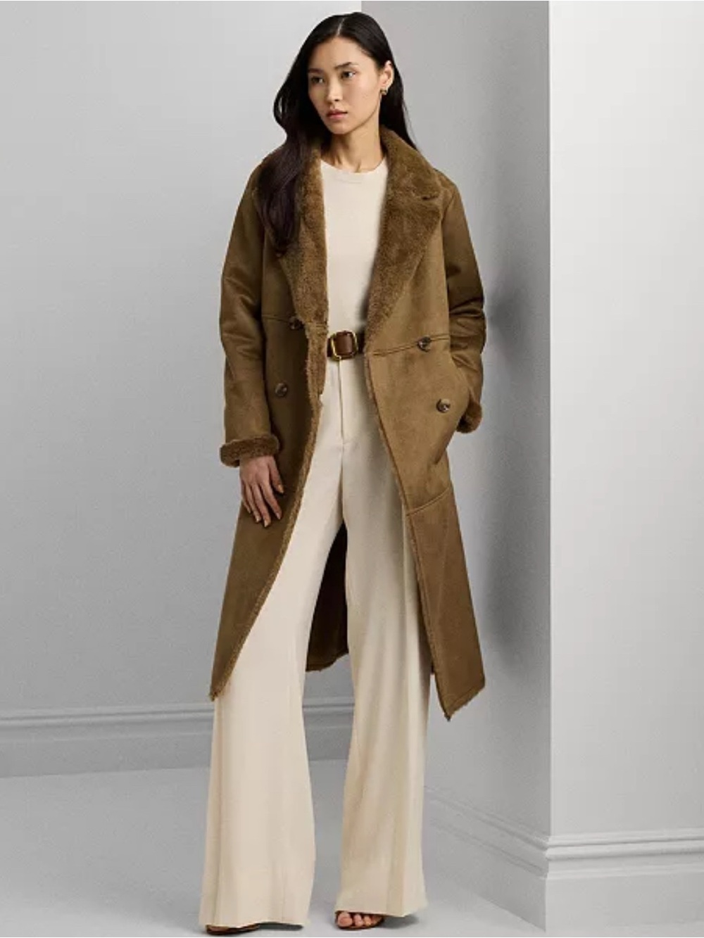 NWT Polo Ralph Lauren Camel Faux-Shearling Double-Breasted Long Coat Size S - Picture 2 of 11